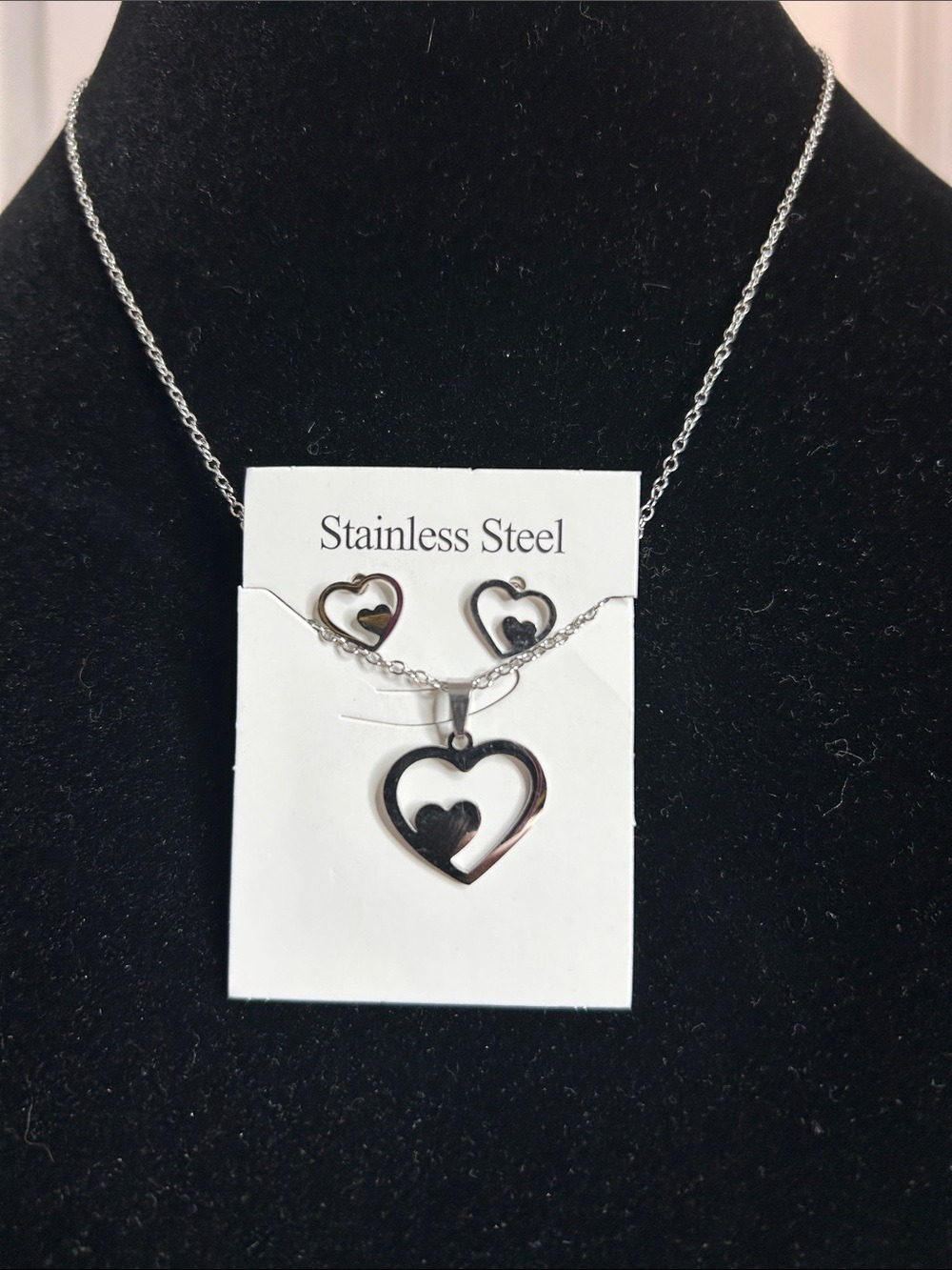 Double Heart Necklace and Earring Set - Stainless Steel 17”
